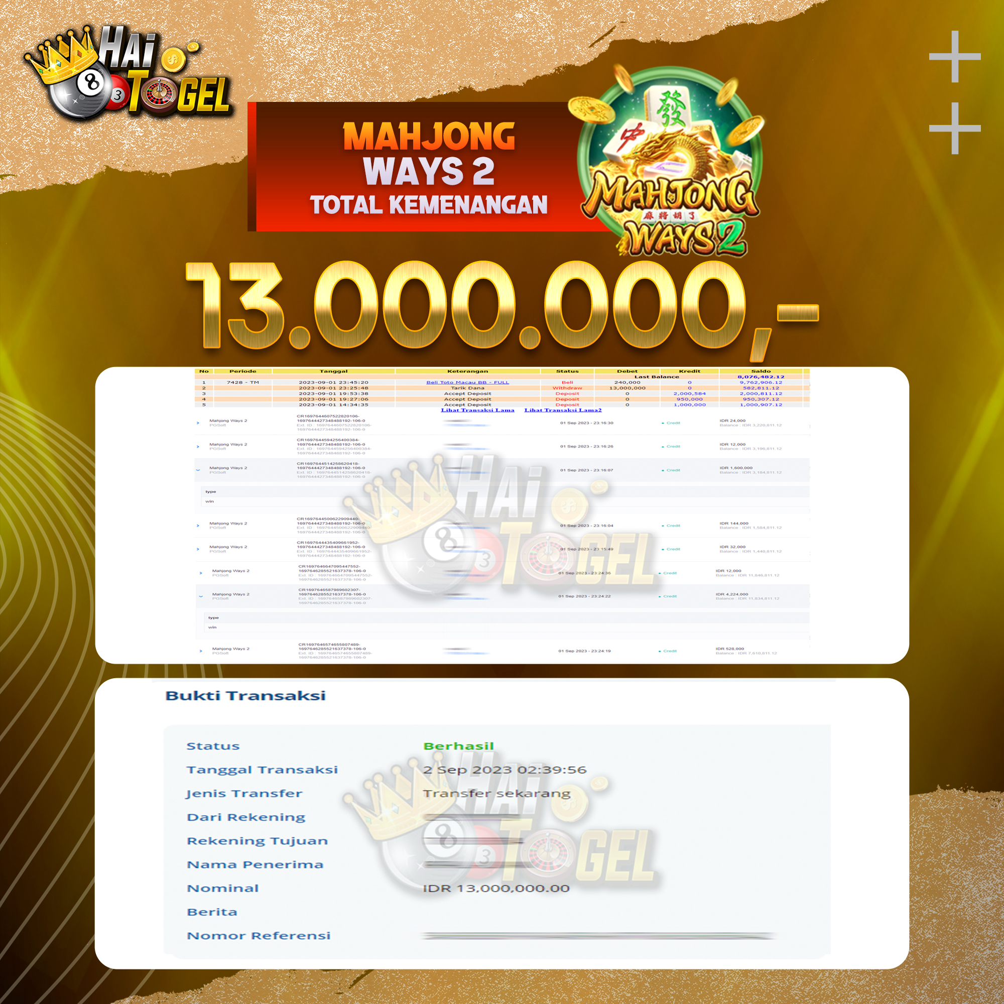 Read more about the article BUKTI JACKPOT SLOT HAITOGEL MAHJONG WAYS 2 RP. 13.000.000