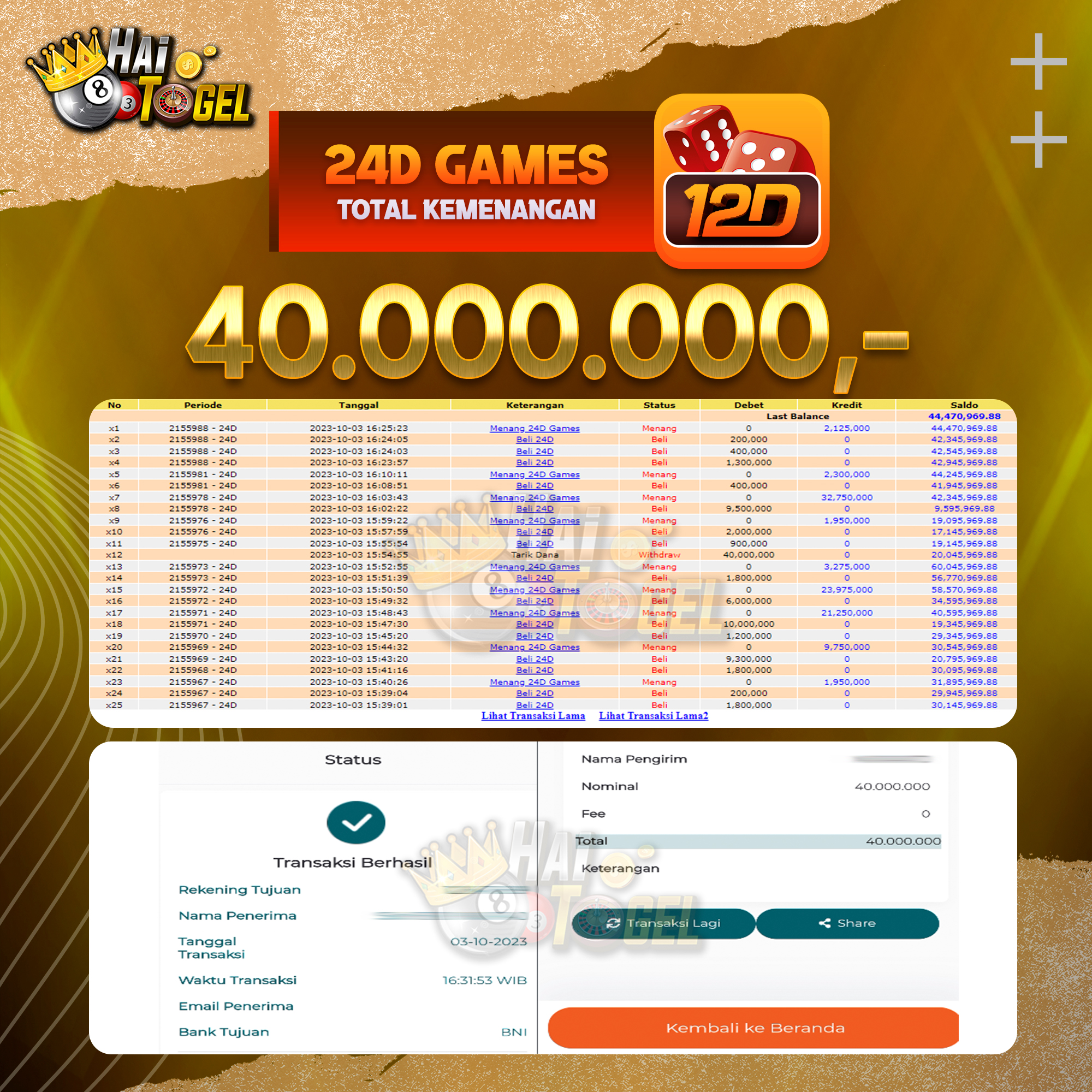 Read more about the article BUKTI CASINO JACKPOT HAITOGEL 24D GAMES RP. 40.000.000