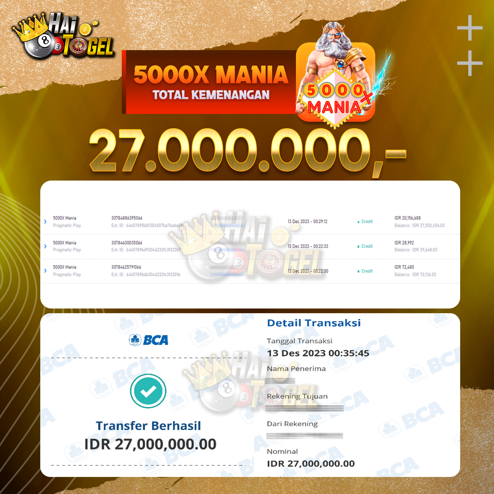 Read more about the article BUKTI JACKPOT HAITOGEL SLOT : SLOT 5000X MANIA RP. 27.000.000