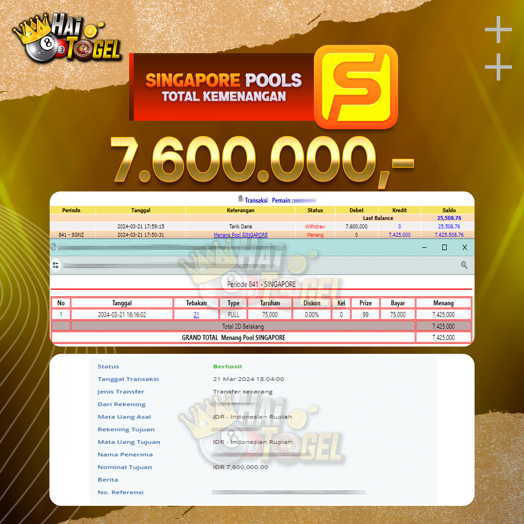 You are currently viewing BUKTI KEMENANGAN HAITOGEL TOGEL : SINGAPORE SEBESAR RP. 7.600.000,-