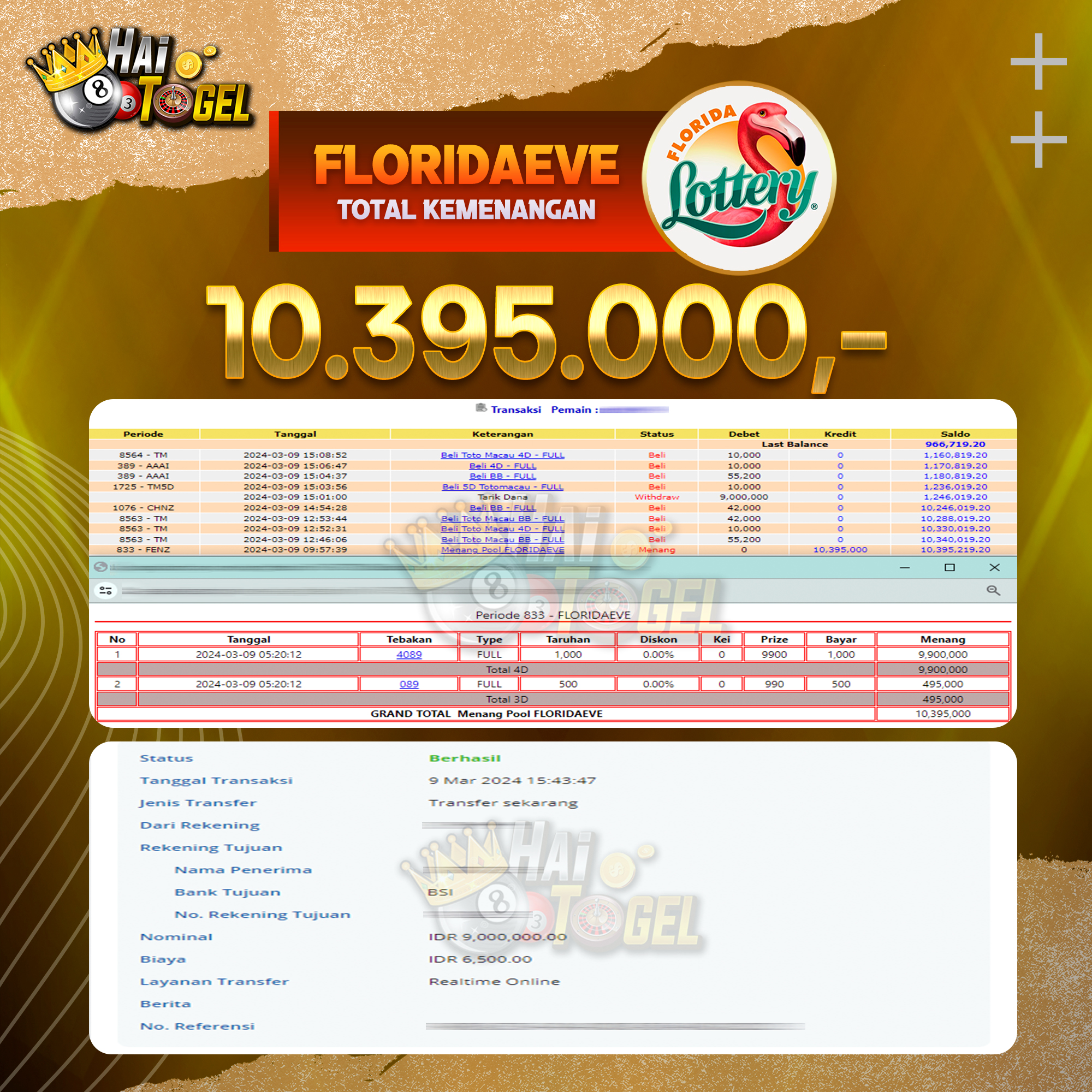 Read more about the article BUKTI KEMENANGAN HAITOGEL TOGEL : FLORIDAEVE SEBESAR : RP. 10.395.000