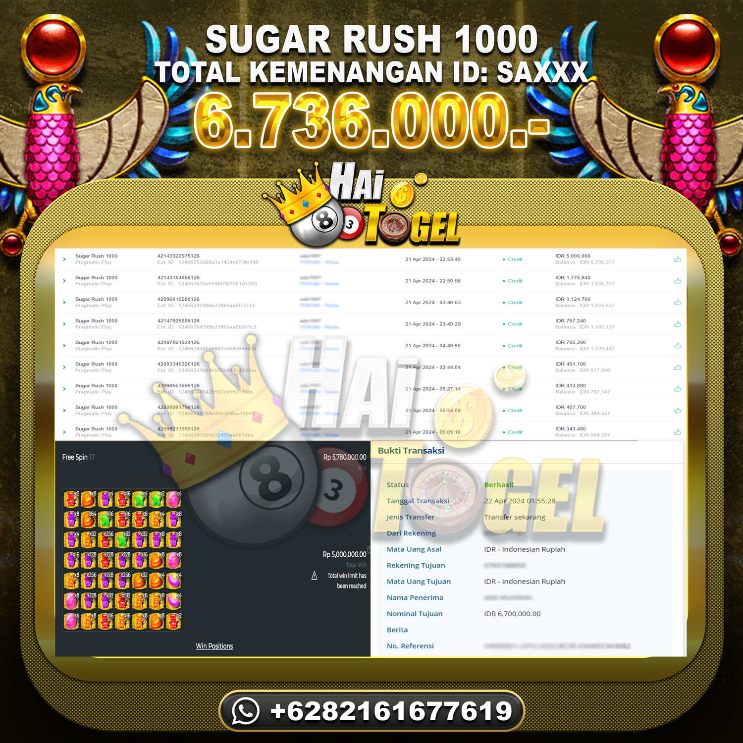 Read more about the article BUKTI KEMENANGAN HAITOGEL SLOT : SUGAR RUSH 1000 RP. 6.736.000