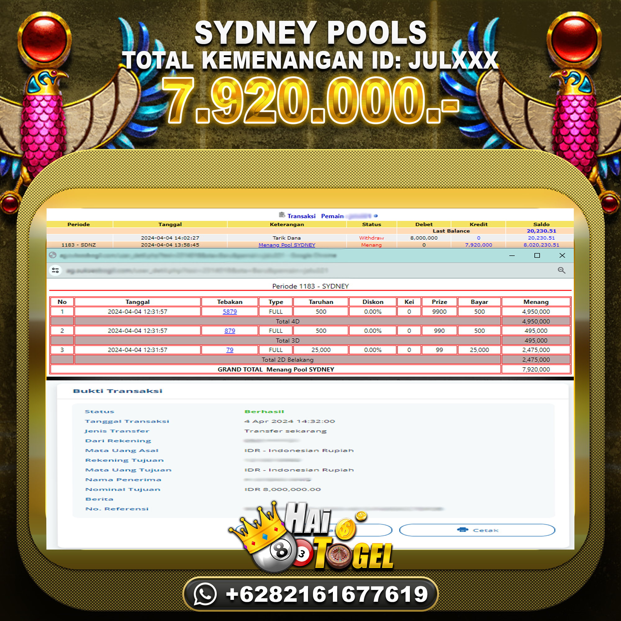 You are currently viewing BUKTI PEMBAYARAN HAITOGEL TOGEL SYDNEY RP. 7.920.000