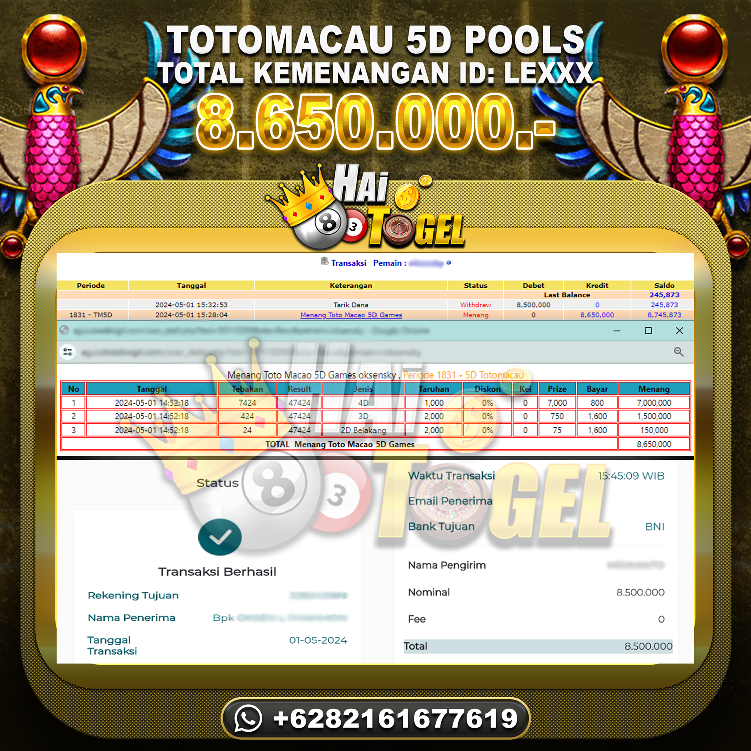 Read more about the article BUKTI HAITOGEL KEMENANGAN JACKPOT PASARAN TOTOMACAU5D RP. 8.650.000