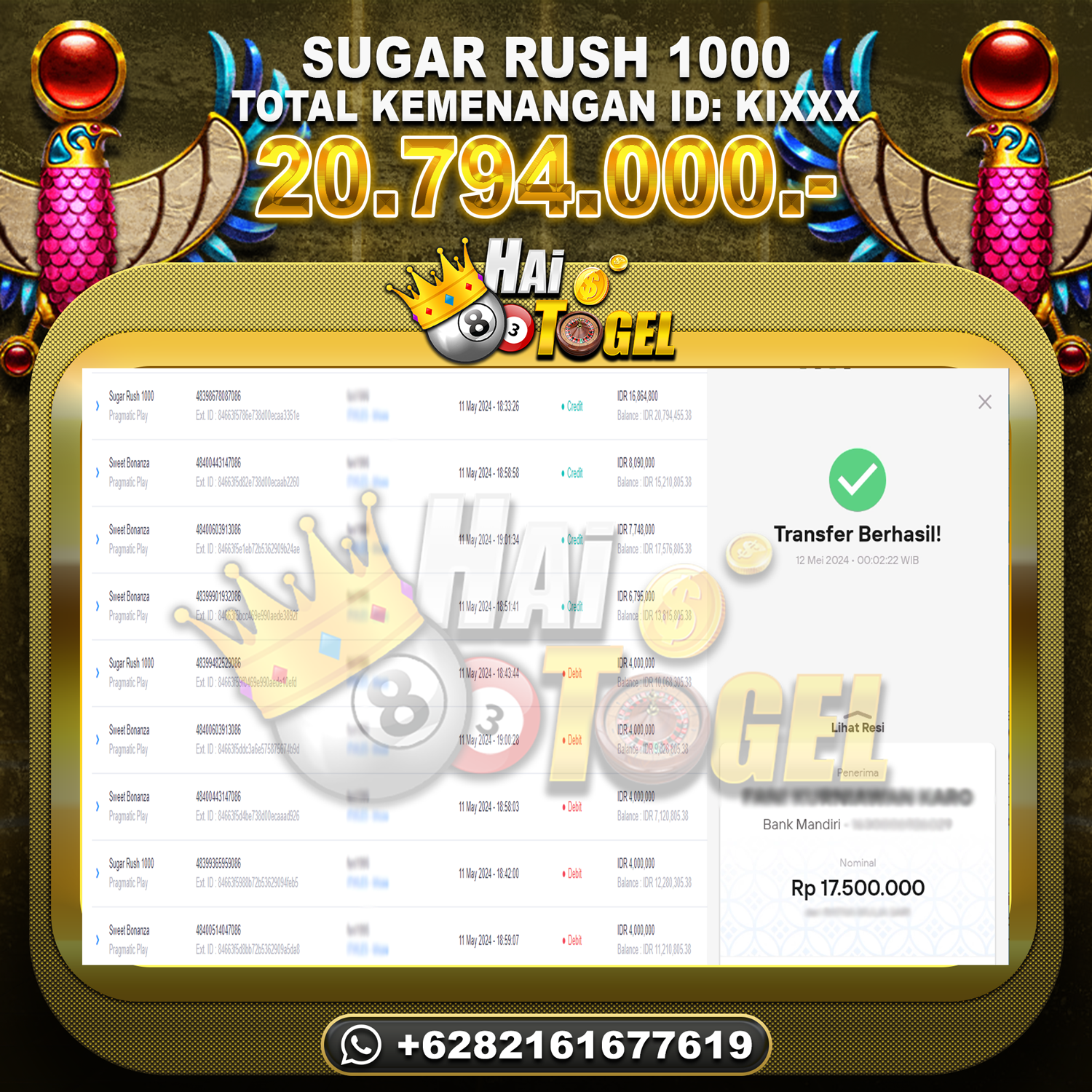 Read more about the article BUKTI KEMENANGAN HAITOGEL SLOT : SUGAR RUSH 1000 RP. 20.794.000