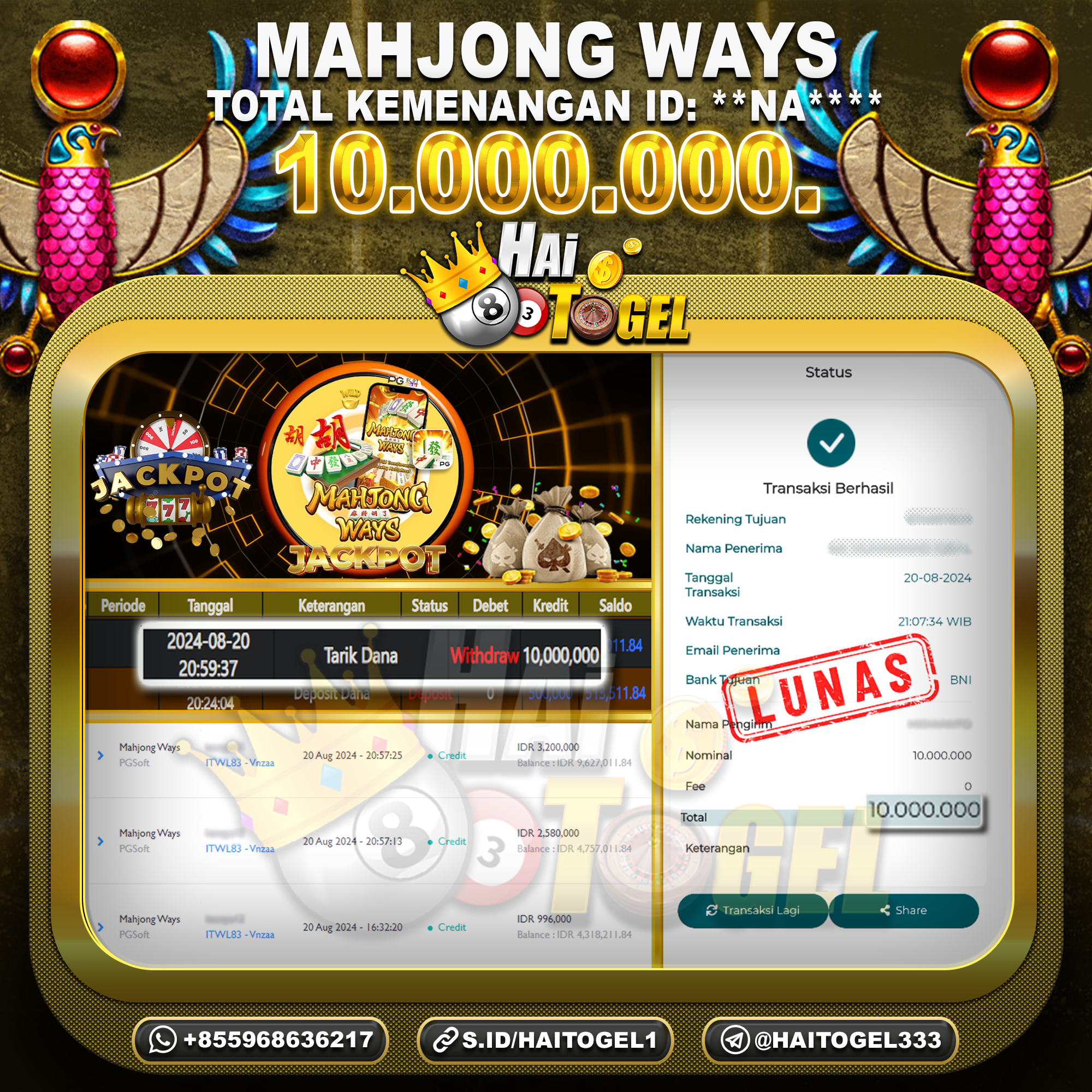 You are currently viewing BUKTI PEMBAYARAN SLOT HAITOGEL MAHJONG WAYS RP. 10.000.000