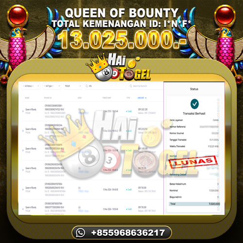 You are currently viewing BUKTI HAITOGEL SLOT GACOR : QUEEN OF BOUNTY RP. 13.025.000