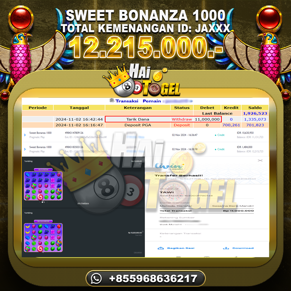 Read more about the article KEMENANGAN SLOT JP HAITOGEL : SWEET BONANZA 1000 RP. 12.215.000