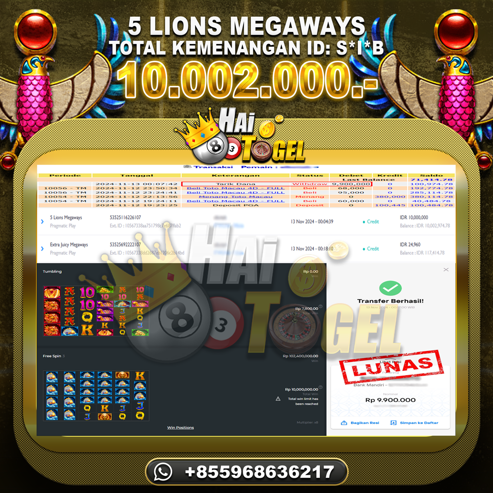 You are currently viewing BUKTI HAITOGEL SLOT GACOR : 5 LIONS MEGAWAYS RP. 10.002.000