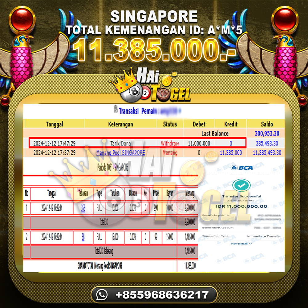 Read more about the article TOGEL BUKTI KEMENANGAN HAITOGEL : SINGAPORE RP.11.385.000,-