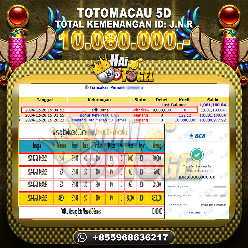 Read more about the article BUKTI KEMENANGAN HAITOGEL JACKPOT : TOTOMACAU5D RP. 10.080.000