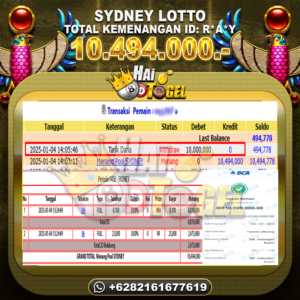 Read more about the article HAITOGEL BUKTI GACOR JACKPOT : SYDNEY LOTTO RP. 10.494.000