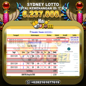 Read more about the article HAITOGEL BUKTI GACOR JACKPOT : SYDNEY LOTTO RP. 6.237.000