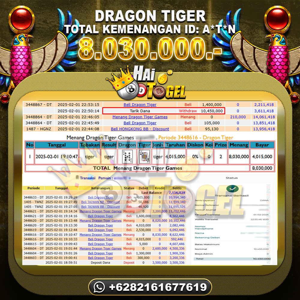 Read more about the article HAITOGEL JP BUKTI CASINO DRAGON TIGER LUCK RP. 8.030.000