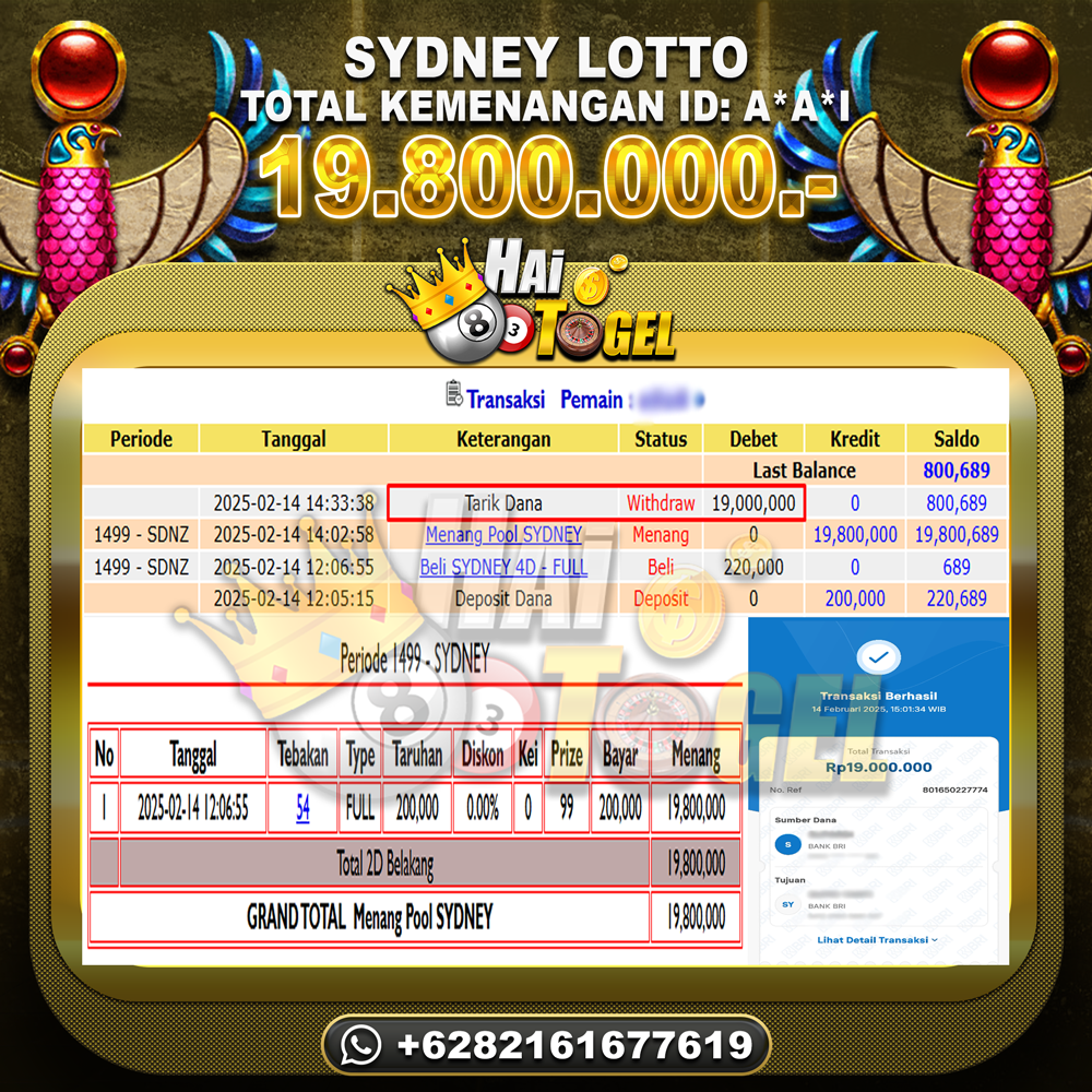 Read more about the article HAITOGEL BUKTI GACOR JACKPOT : SYDNEY LOTTO RP. 19.800.000