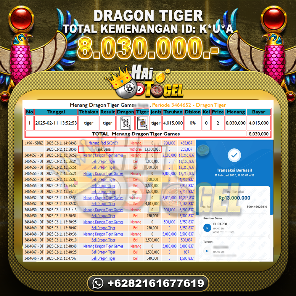 Read more about the article HAITOGEL JP BUKTI CASINO DRAGON TIGER LUCK RP. 8.030.000