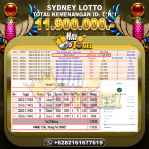 Read more about the article HAITOGEL BUKTI GACOR JACKPOT : SYDNEY LOTTO RP. 11.900.000