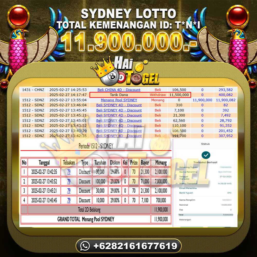 Read more about the article HAITOGEL BUKTI GACOR JACKPOT : SYDNEY LOTTO RP. 11.900.000